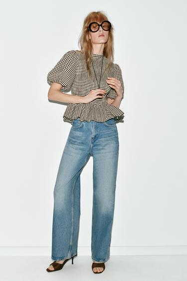 توب بمربعات فيشي وخلية النحل - بني / خام الخاص بـ Zara