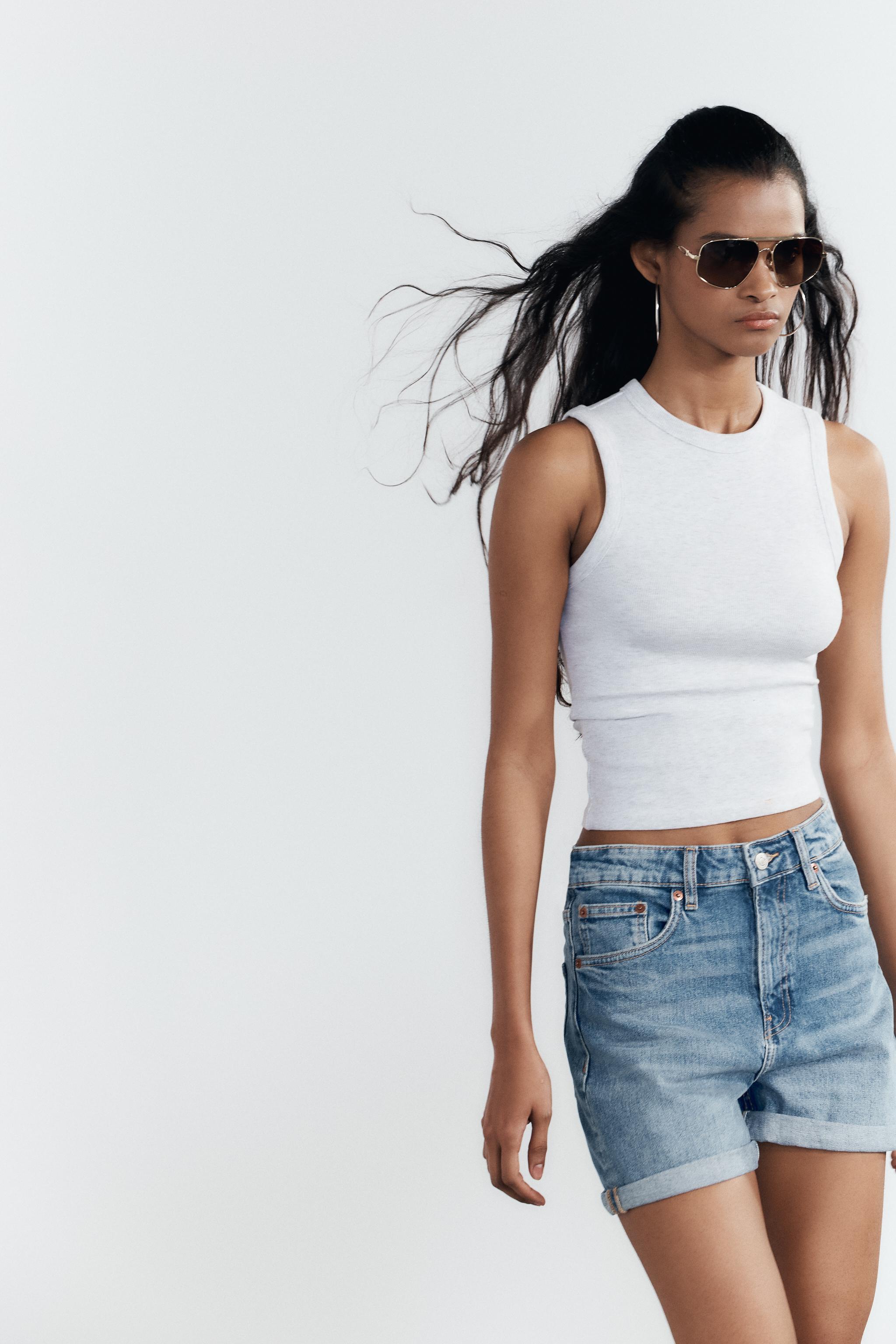 ZARA ハイウエストTRFマムフィットバミューダパンツ 8197/107 Z1975 MOM-FIT HIGH-WAIST ショートパンツ - ブルー | ZARA