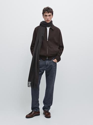 Chaqueta corta tejido doble con lana - Chocolate de Zara