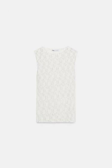Zara LACE SLEEVELESS T-SHIRT - Ecru