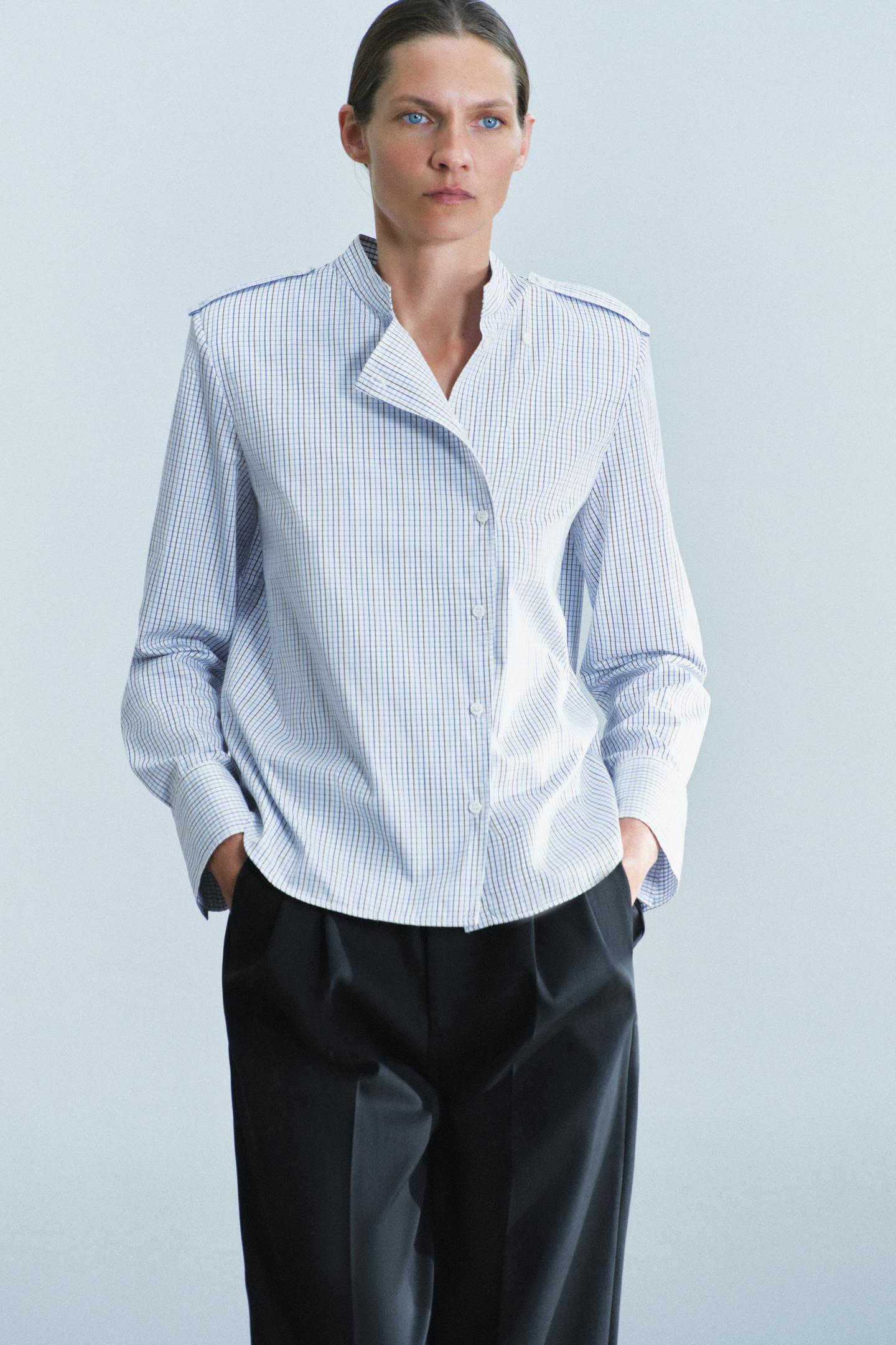 Женская рубашка Zara ZW Collection Plaid Shoulder-Pad, цвет: Коричневый синий — фото 6