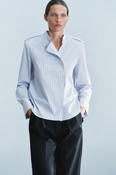 ZW COLLECTION PLAID SHOULDER-PAD SHIRT — Brown-Blue 1