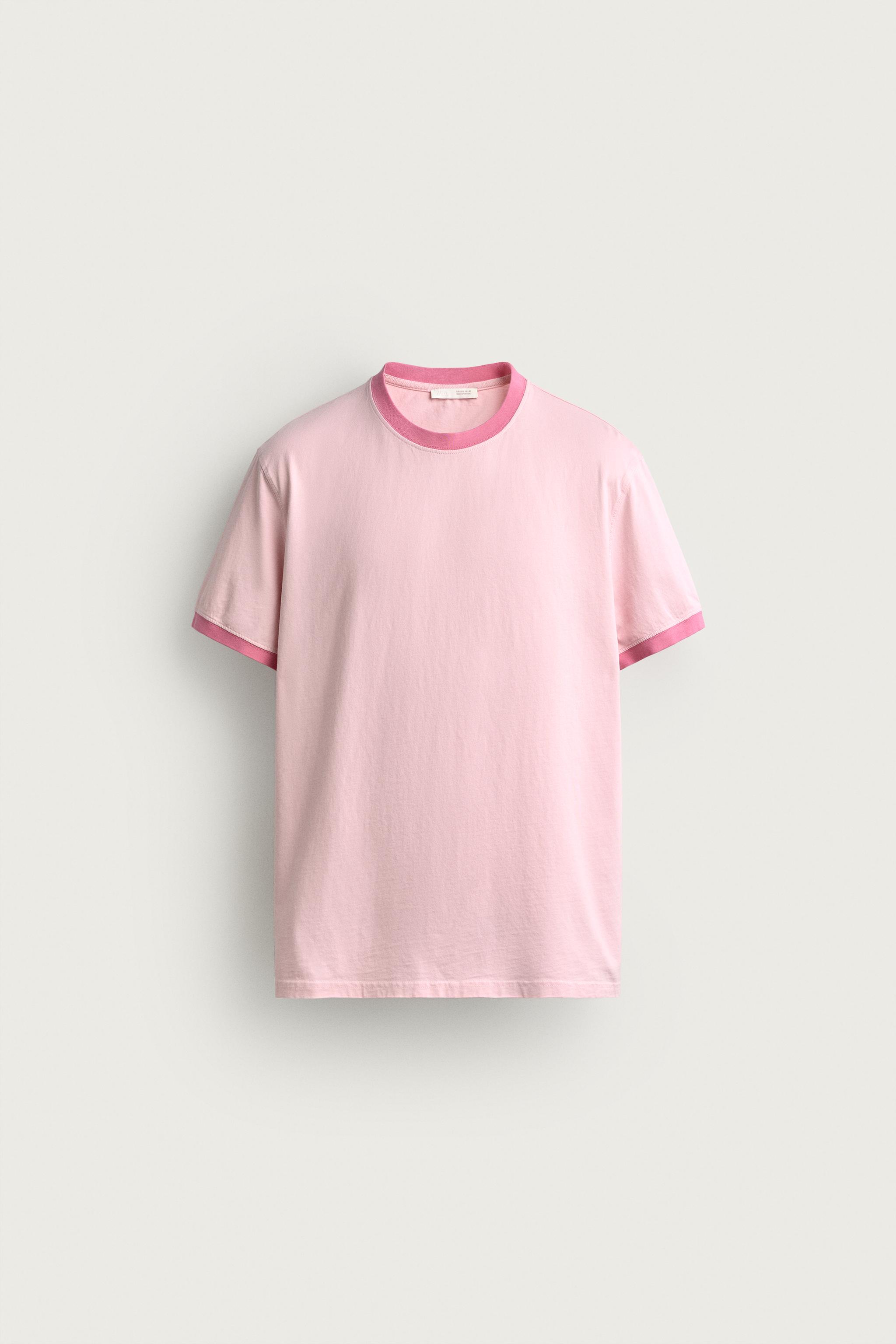 コントラストリブ付きレギュラーフィットTシャツ - ライトピンク