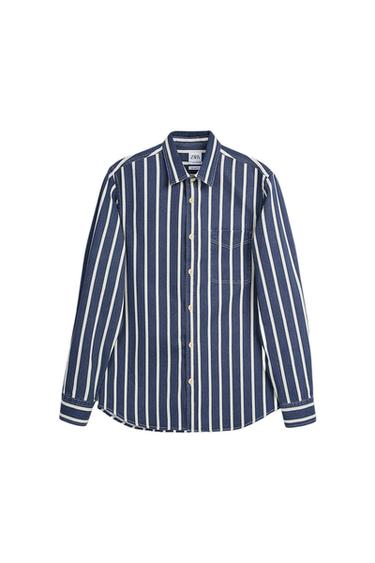 Blue and white vertical striped shirt with chest pocket and front buttons. Visible tag: "Zara". White background.