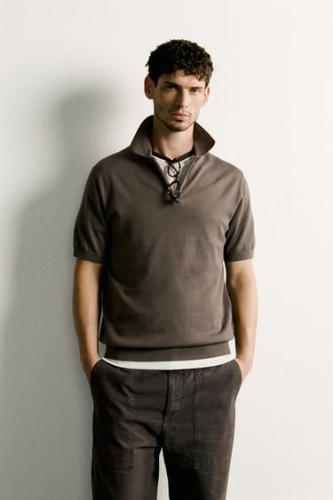 REGULAR FIT KNIT ZIP POLO SHIRT - Taupe grey by Zara