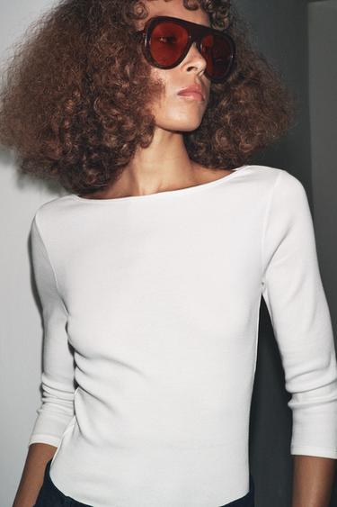Zara COTTON BOAT NECK T-SHIRT - White