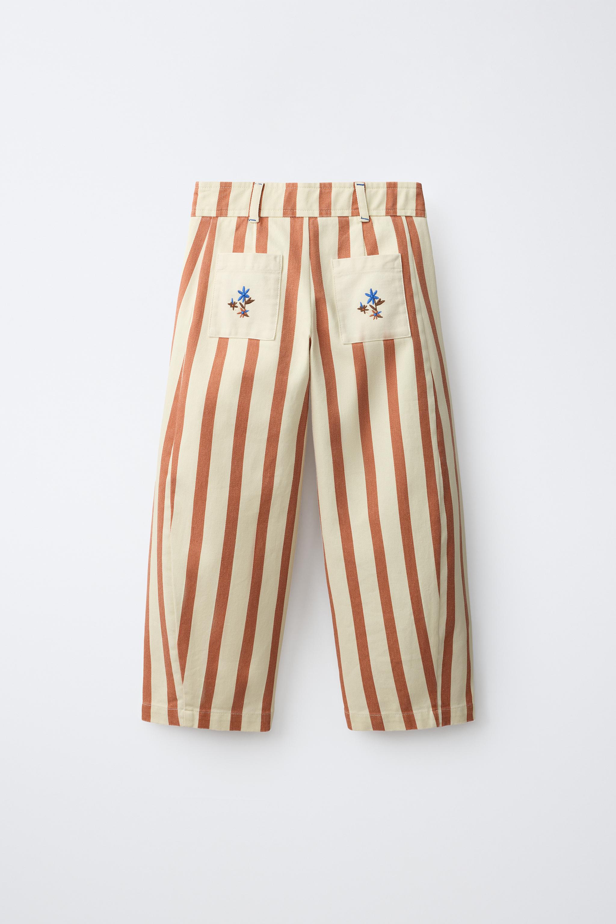 STRIPED FLORAL EMBROIDERED BALLOON TROUSERS
