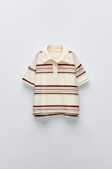 Zara STRIPED POLO SHIRT - Ecru