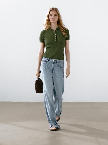 Zara Knit cotton blend polo sweater - Olive green