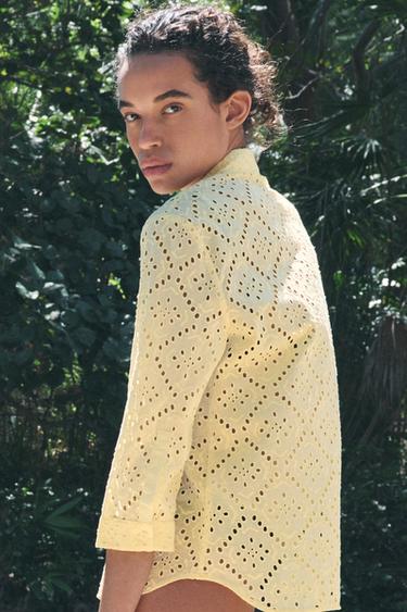 CHEMISE AVEC BRODERIES AJOURÉES COLLECTION ZW - Jaune de Zara