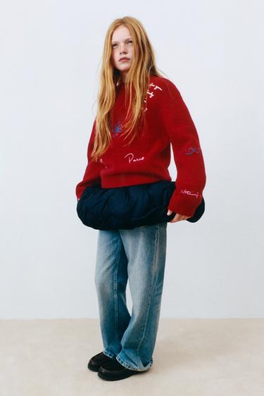 Zara 刺繡針織衫 - 紅色