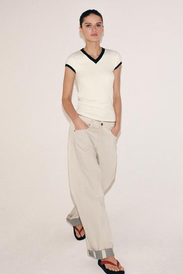 Zara CONTRAST RIB T-SHIRT - Ecru - Image 0