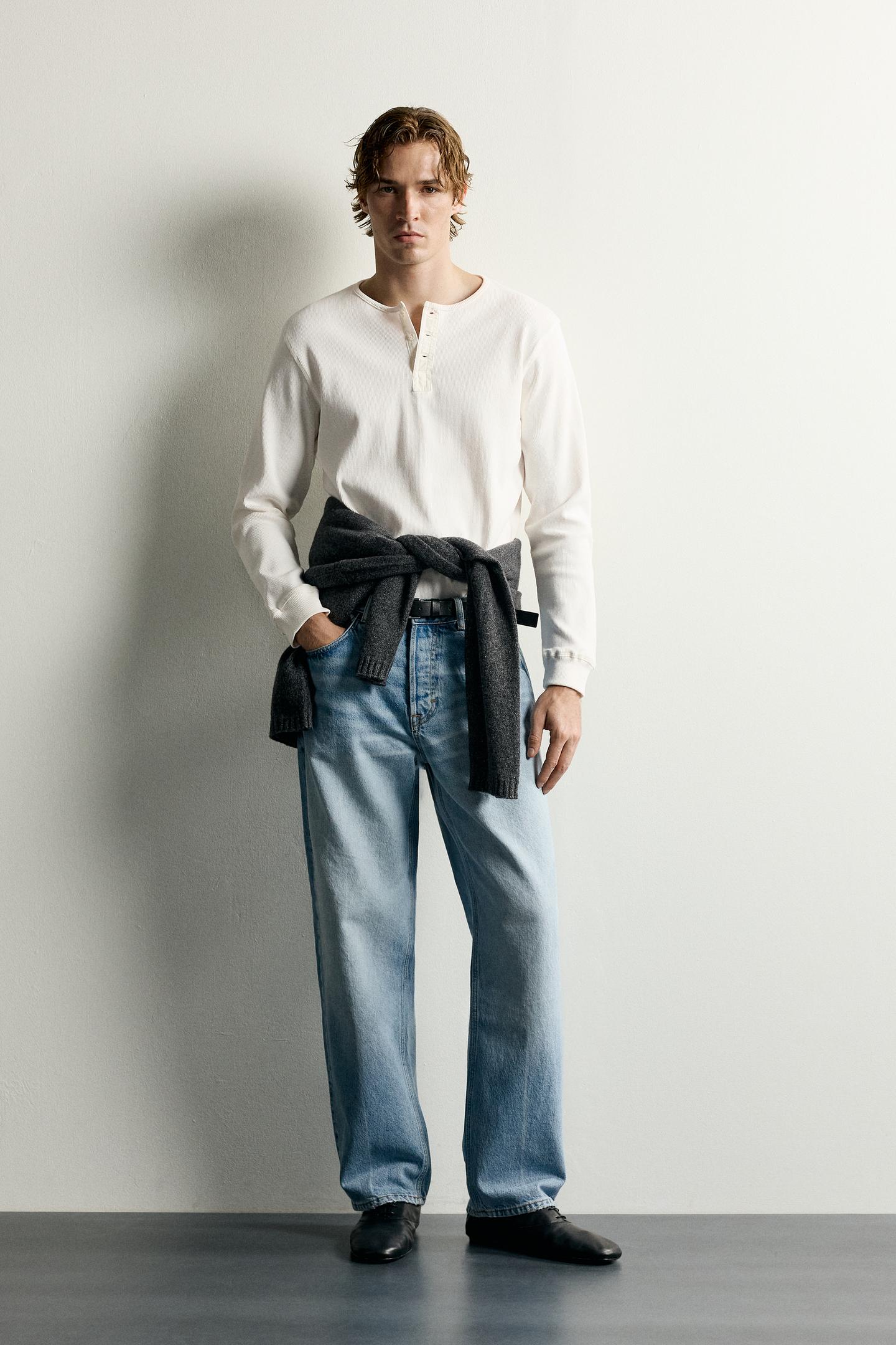 Мужская футболка Zara Long Sleeve Henley, цвет: Устричный белый — фото 1