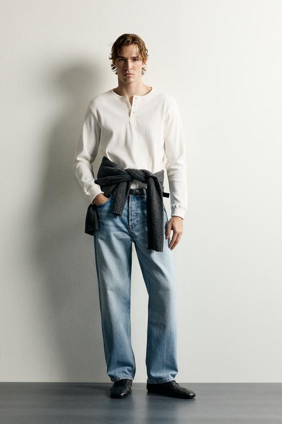 LONG SLEEVE HENLEY T-SHIRT - Oyster-white by Zara - Image 0