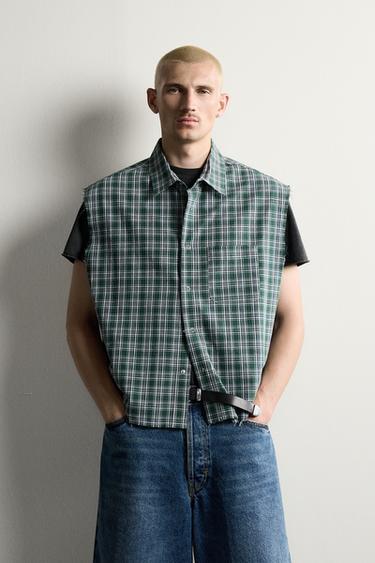CHECK CROPPED TANK SHIRT - Greens by Zara