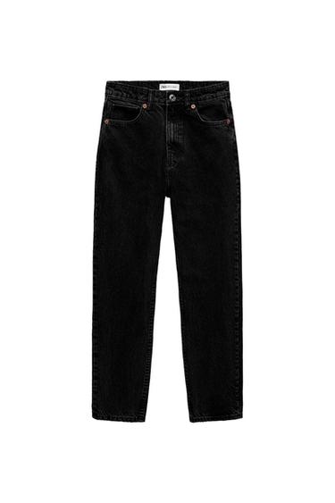 Black straight-cut jeans with five pockets and button closure. Visible label at the waist. White background.