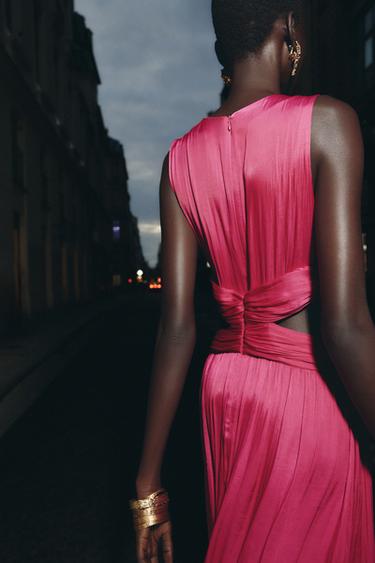 Zara CUT OUT SATIN EFFECT MIDI DRESS - Fuchsia