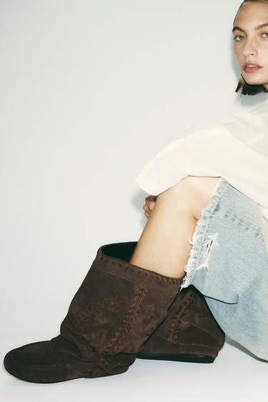 SPLIT SUEDE FLAT ANKLE BOOTS WITH EMBROIDERY - Brown by Zara