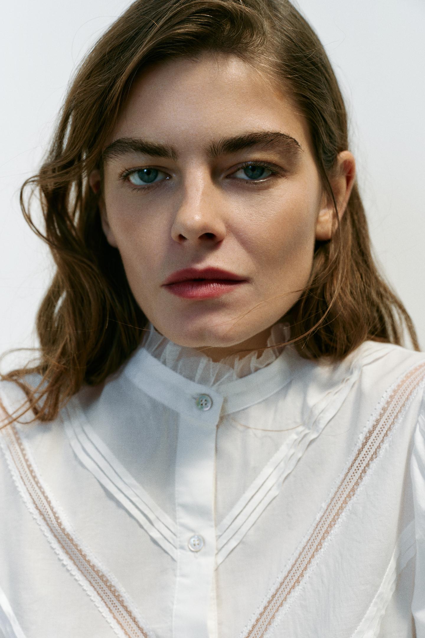 Женская блузка Zara Romantic Tulle Combined Blouse, цвет: Устричный белый — фото 3