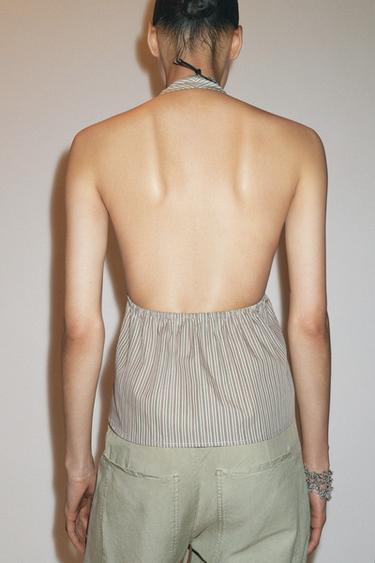 STRIPED POPLIN HALTER TOP - Brown / Green by Zara - Image 3