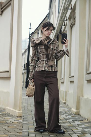 Zara TRF EXTRA WIDE LEG 高腰牛仔褲 - 棕色