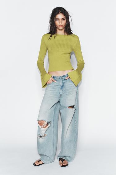 POINTELLE FLARED SLEEVE JUMPER - Green by Zara