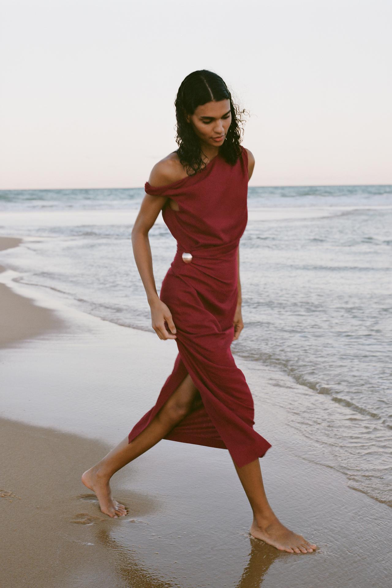 RUCHED LINEN BLEND MIDI DRESS