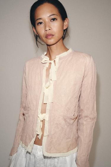 Zara COMBINATION KNIT JACKET WITH BOWS - Pink / White