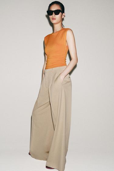 Zara ZW COLLECTION PLEATED WIDE LEG PANTS - Beige