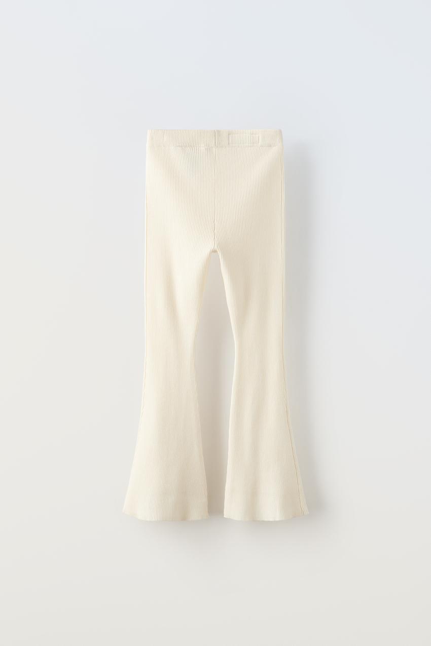 RIBBED FLARED KNIT LEGGINGS - Oyster-white