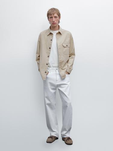 Zara 100% cotton overshirt with pocket - Light beige - Image 0