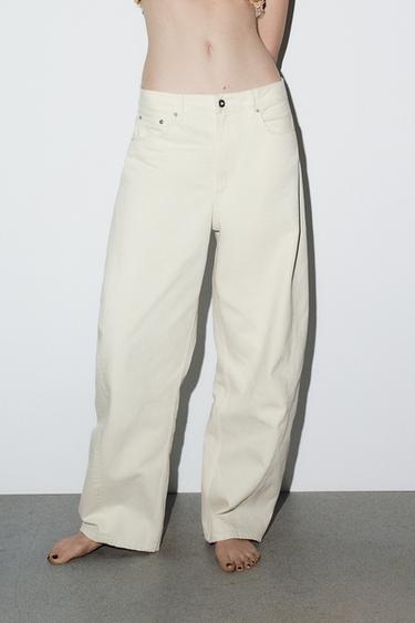 Zara TRF MID-RISE BAGGY BALLOON JEANS - Oyster-white