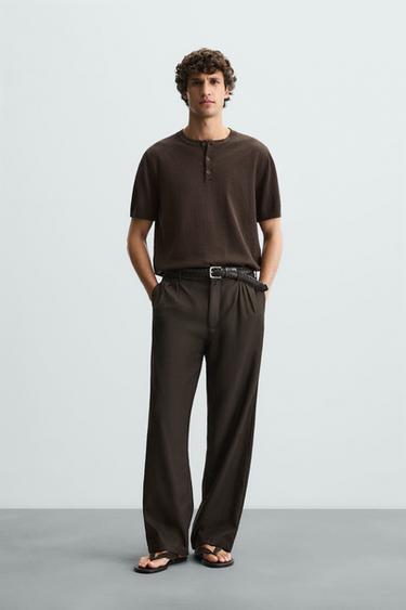 KNIT T-SHIRT WITH BUTTON NECK - chocolate by Zara - Image 0