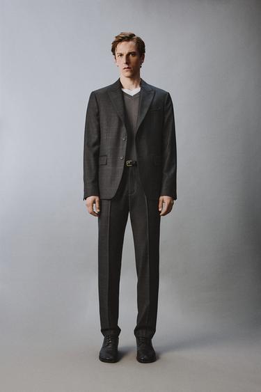 100% WOOL CHECK SUIT TROUSERS - Dark grey marl by Zara