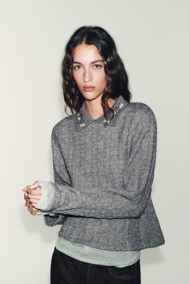 Zara JEWEL COLLAR CABLE-KNIT SWEATER - Gray marl