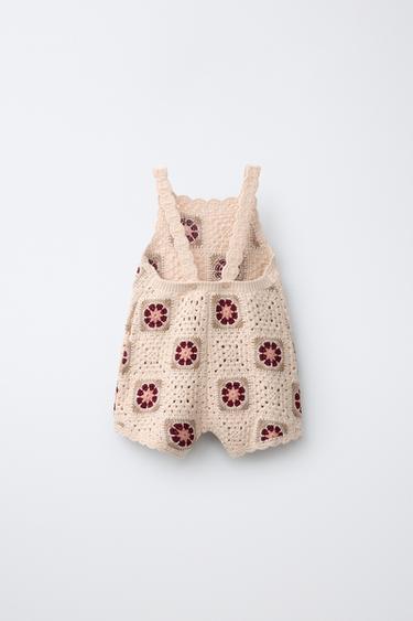 KNIT DUNGAREES WITH FLORAL CROCHET - Light beige by Zara - Image 1