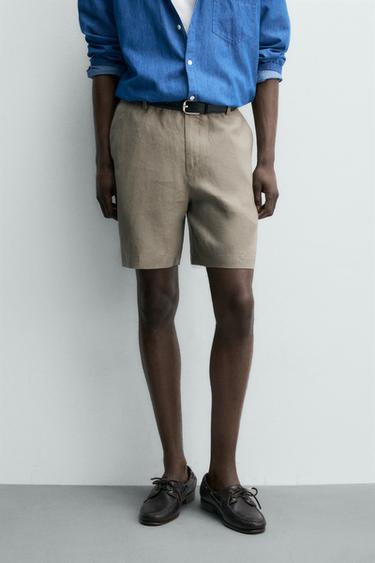 REGULAR FIT 100% LINEN BERMUDA SHORTS - Light beige by Zara