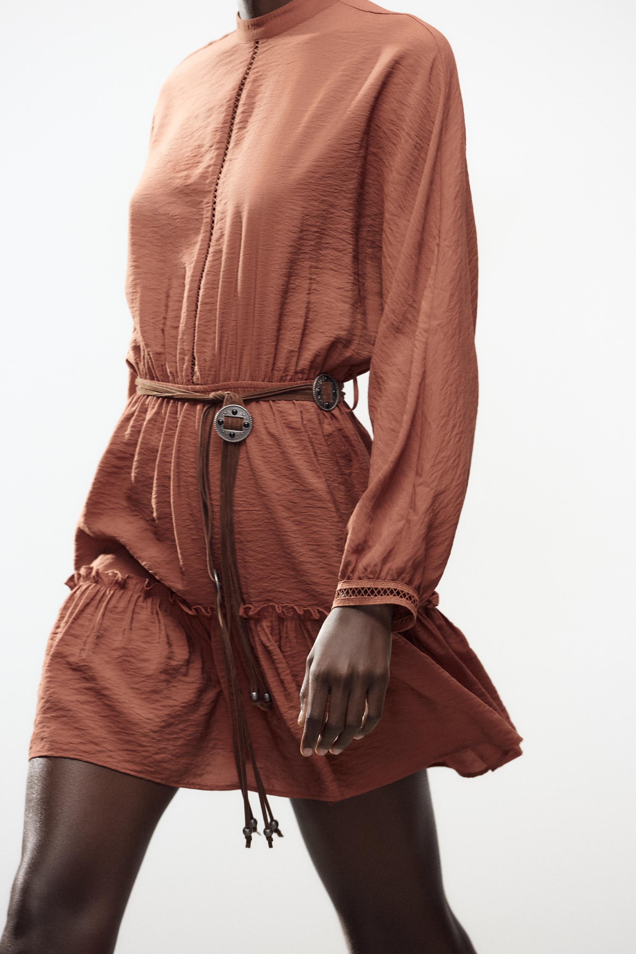 ベルト付きショート丈レースワンピース - ライトブラウン | ZARA