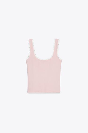 STRETCH TOP WITH FAUX PEARLS - Pink by Zara - Image 4