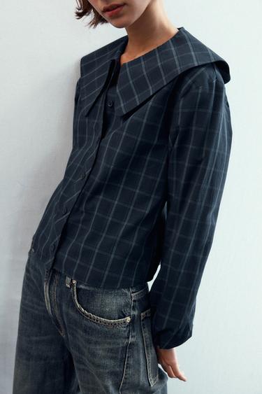 CAMISA CUADROS POPELÍN CUELLO BOBO - Azul / Marino de Zara