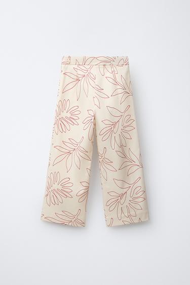 CONTRAST EMBROIDERED LEAF WIDE-LEG TROUSERS - Ecru / Red by Zara - Image 1
