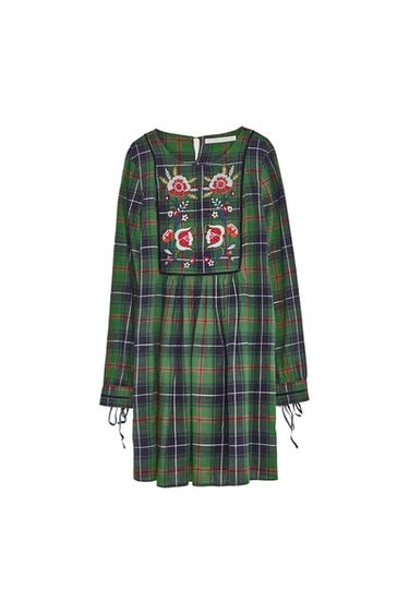 CHECKED DRESS WITH FLORAL EMBROIDERY