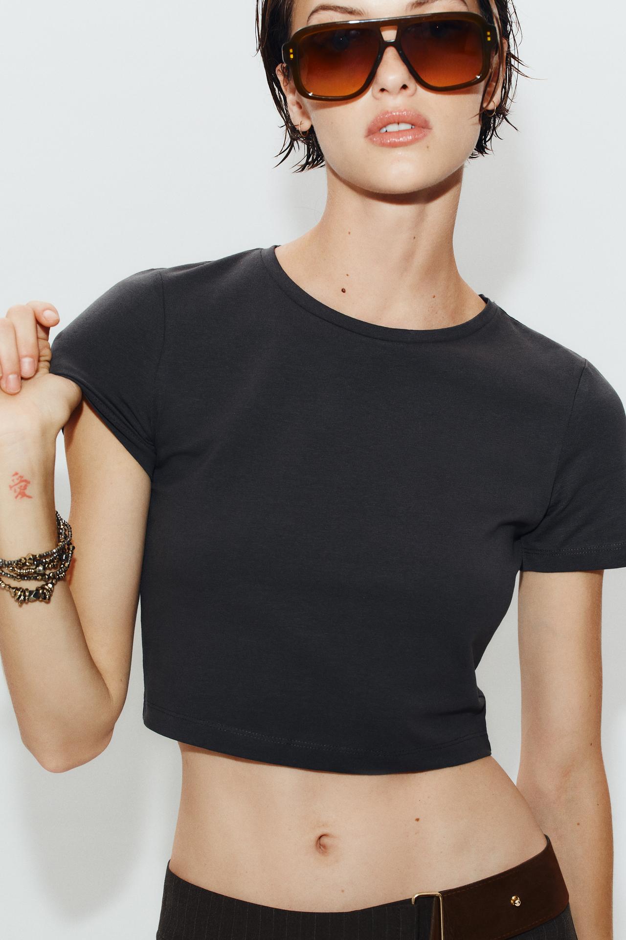 SHORT SLEEVE CROP TOP — Dark charcoal gray
