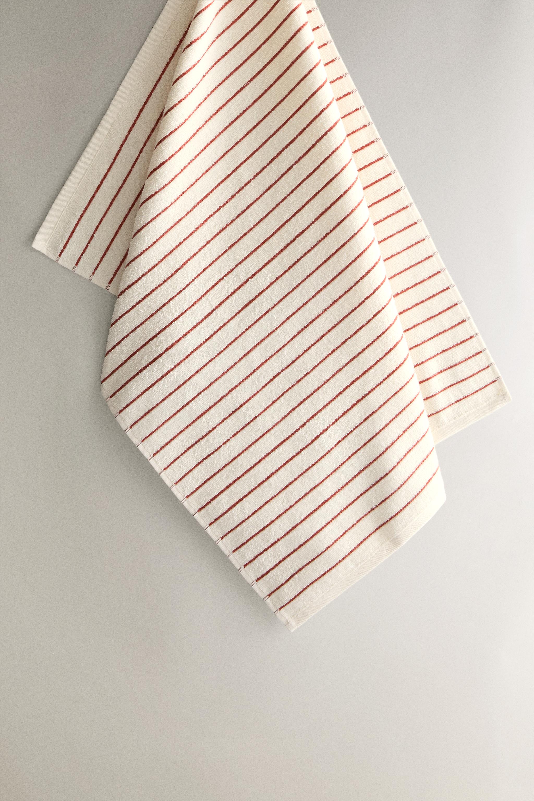 STRIPED COTTON TERRY TEA TOWEL — Ecru