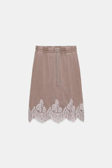 WASHED-EFFECT SKIRT WITH LACE - Brown / Taupe by Zara - Image 3