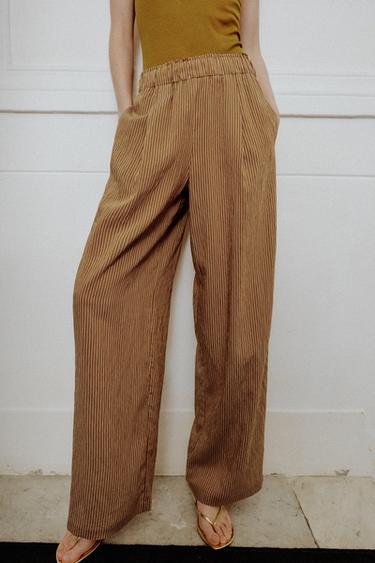 Zara STRIPED WIDE LEG PANTS - Caramel