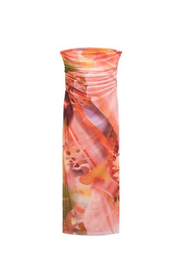 PRINTED STRAPLESS TULLE DRESS