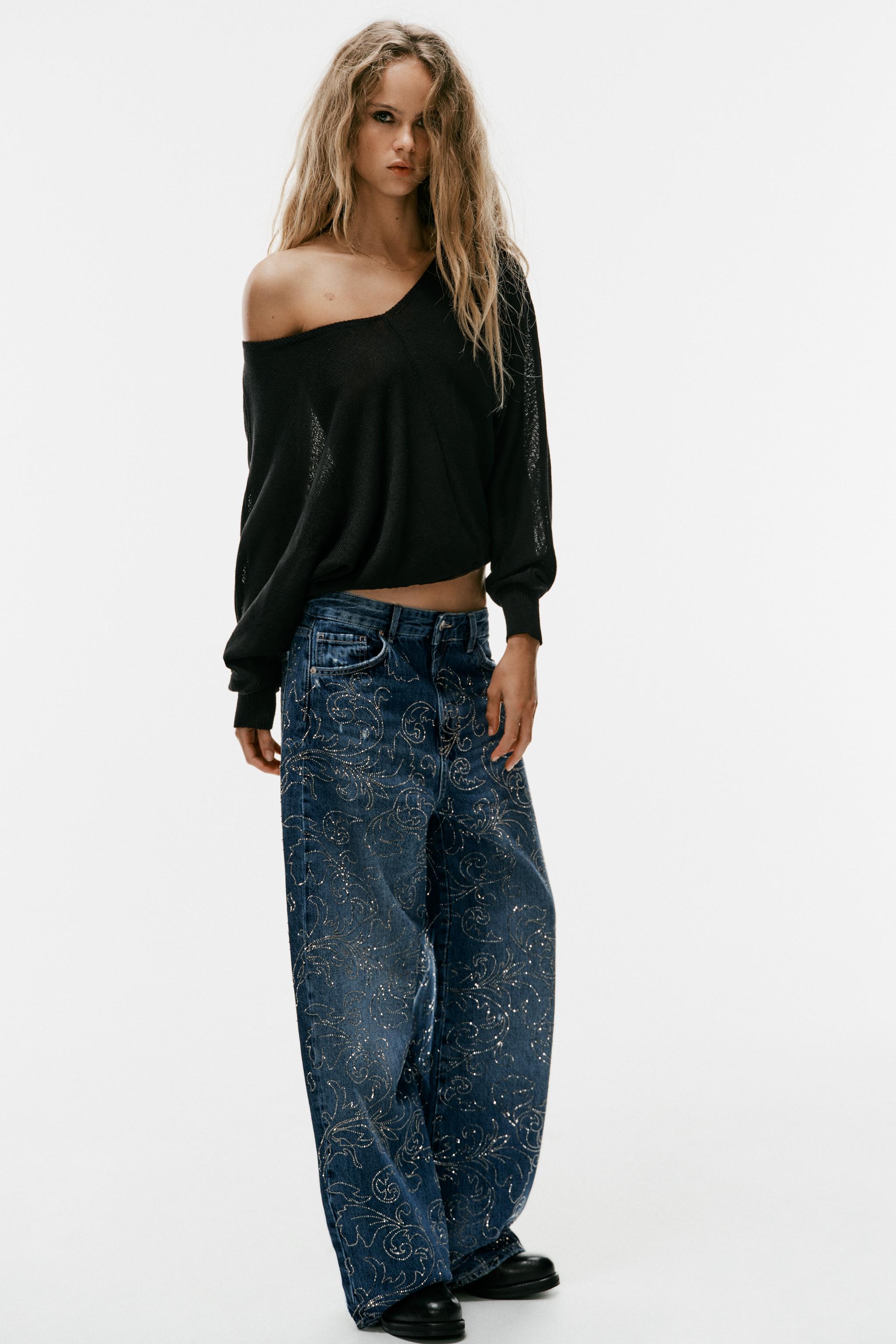 MID-RISE BAGGY RHINESTONE JEANS