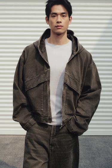 RELAXED FIT DENIM JACKET WITH HOODIE - Brown by Zara