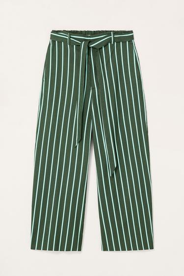 Zara LIMITED EDITION STRIPED WIDE FIT PANTS - Dark green